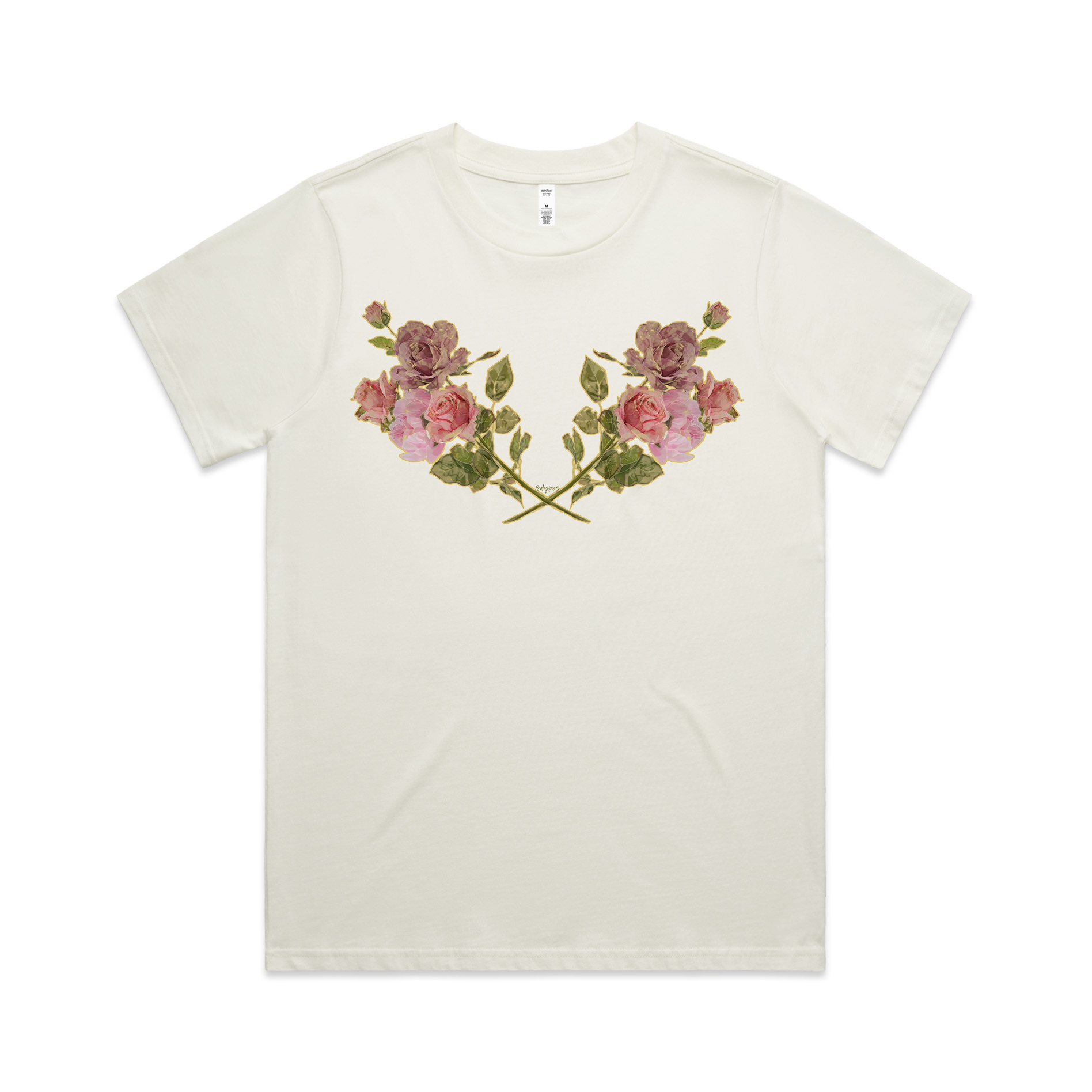 Front of the Beautiful Scars tee, hand-drawn rose print